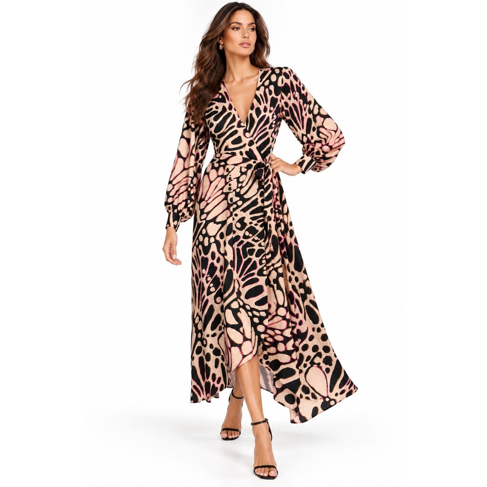 Donna Karan New York Butterfly Print Wrap Midi Dress Pink Black Tan Size 12